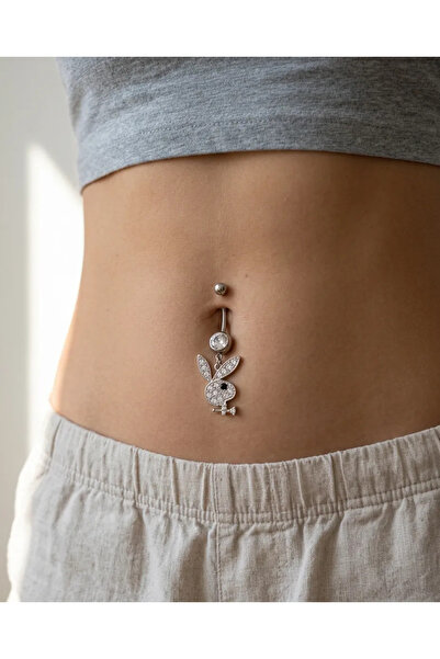Siya Silver Zirkon Taşlı Çelik Sallantılı Playboy Tavşan Göbek Piercingi - 4 cm