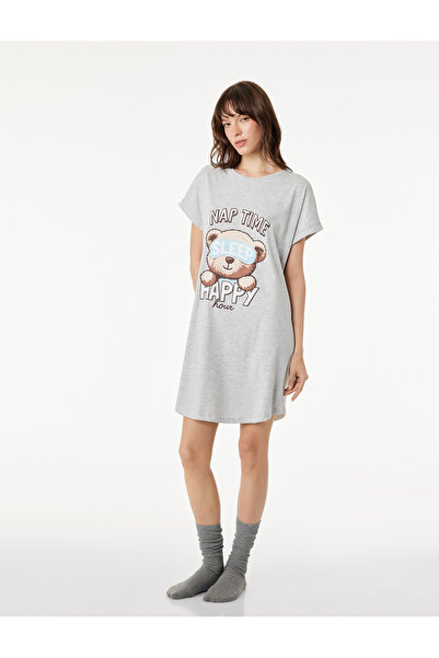 Koton Άνετο νυχτικό με κοντό μανίκι και στάμπα αρκουδάκι με λαιμόκοψη