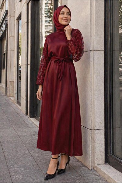 TRENDTESETTÜR KADIN BORDO KUŞAKLI SATEN ABİYE ELBİSE T 1516