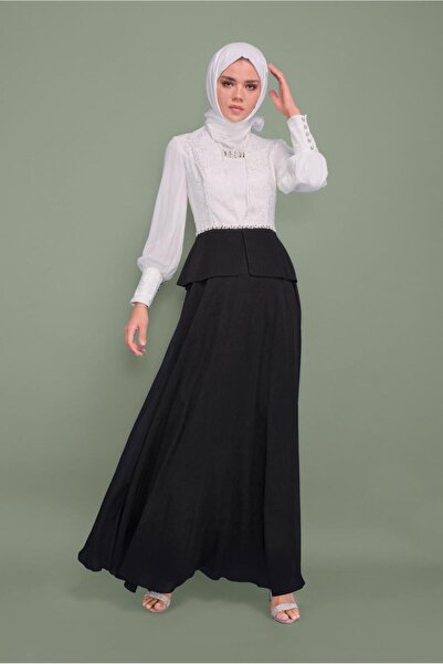 TRENDTESETTÜR KADIN SİYAH İNCİ VE İŞLEME DETAYLI ŞİFON ABİYE ELBİSE 5954