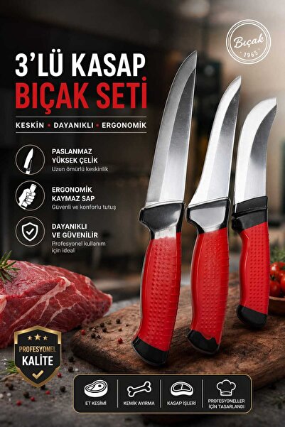 PLASTMARKET Lazoğlu 3'lü Kasap Bıçağı Seti, 1 Adet Kasap Bıçağı, 1 Adet Yüzme...