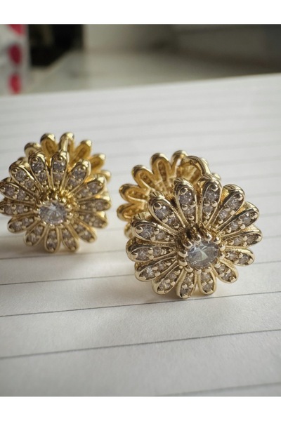 AlminaMia Flower Earrings Brass Glass Stone Detail Gold Color Circle 14 mm (S...