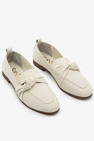 SAYL Κρεμ Γνήσιο Δερμάτινο Γυναικείο Παπούτσι Μπαλαρίνας με Λεπτομέρεια Κόμπου