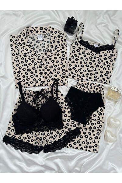 Lena Homewears Καλοκαιρινό κοντομάνικο κοστούμι πιτζάμα Lepoar Luxury 4 τεμαχίων