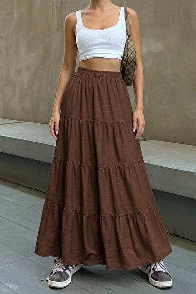 COMBİNE MİCHAİL Γυναικεία ελαστική πολυεπίπεδη καφέ μακριά φούστα