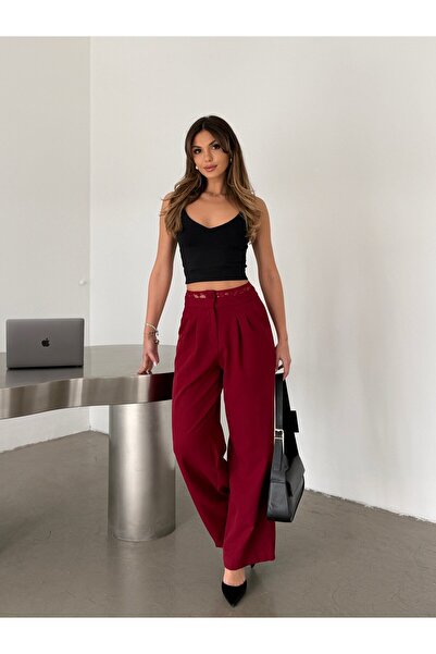 mydukkan.co Belted Lace Detailed Palazzo Trousers - Burgundy