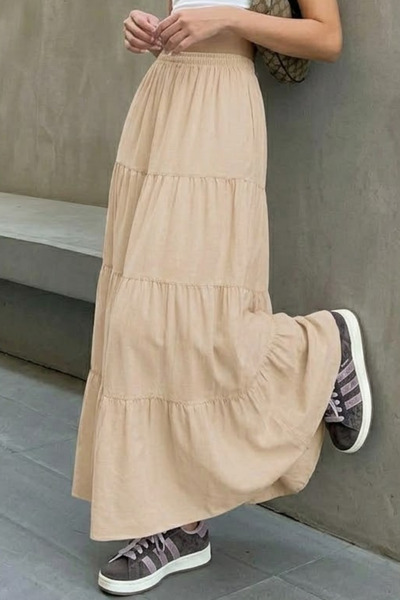 COMBİNE MİCHAİL Γυναικεία ελαστική μπεζ μακριά φούστα με στρώσεις