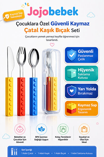 jojobebek Çocuk Çatal Kaşık Bıçak Seti Silikon Saplı BPA Free Saklama Kutulu ...