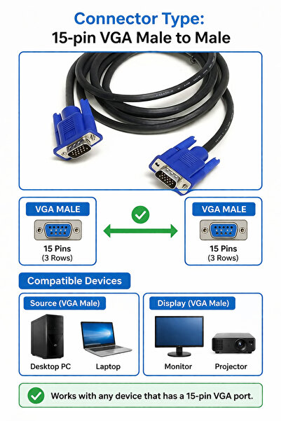 Generic كابل VGA بطول 5 أمتار لون أبيض 15 دبوس ذكر إلى ذكر