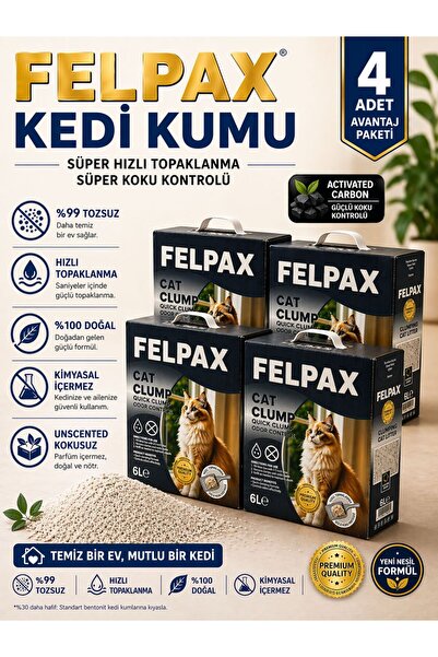 Felpax Premium Aktif Karbonlu Hızlı Topaklanan Kedi Kumu 6 LT x 4 Adet