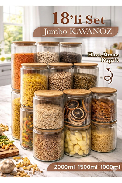 naturelove 18'li Mega Cam Kavanoz Seti Bambu Vakum Kapaklı Çizgili Erzak Un B...