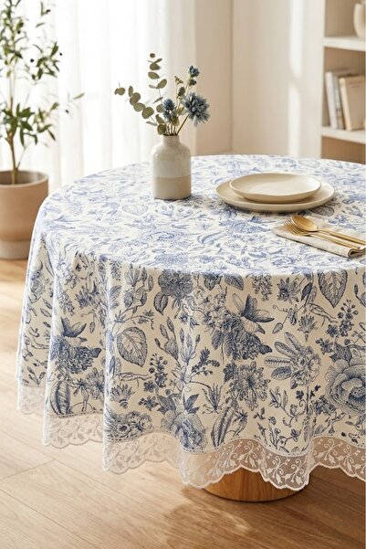 Rona Home Στρογγυλό τραπεζομάντιλο με διακοσμητικά κορδόνια, μπλε μοτίβο φύλλ...