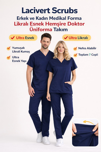 İNCİ ÜNİFORMA Lacivert Scrubs Likralı Kadın Erkek Esnek Medikal Forma Hemşire...