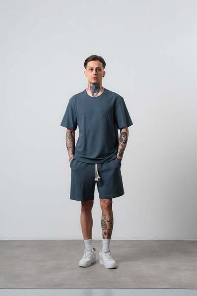 Respire Men's Dirty Stitched Regular Fit T-Shirt Shorts Set Petrol