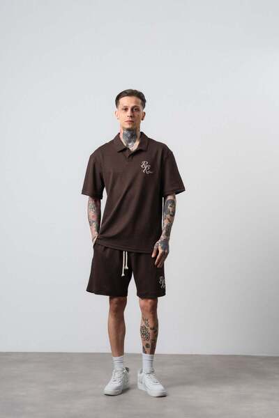 Respire Men's Relined Written Regular Fit T-Shirt Shorts Set Brown