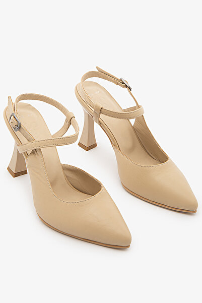 SAYL Μπεζ γνήσιο δέρμα με ανοιχτή πλάτη και λουράκι στον αστράγαλο