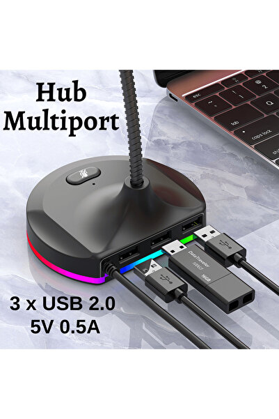 MOGODA Microfon de gaming, Iluminare RGB, Hub USB 2.0 cu 3 porturi, Conexiune USB, 26.5x8.5x10 cm, Înregistrare, Live, Compatibil Windows, MacOS, Consolă de jocuri, Reducere a zgomotului, Cardioide, Condensator negru