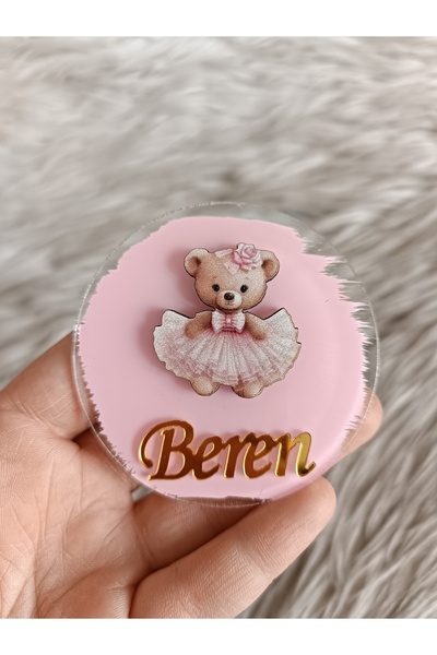 doğrukan Pembe Elbiseli Ayıcık Pleksi Bebek Magneti 10 Adet | Kişiye Özel Hed...