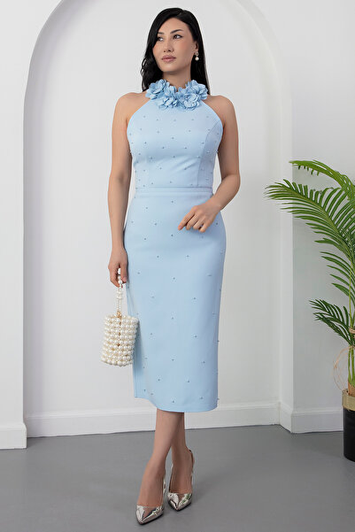 PULLIMM Φόρεμα με λαιμόκοψη halter και χάντρες σε ροζ απόχρωση BAL170