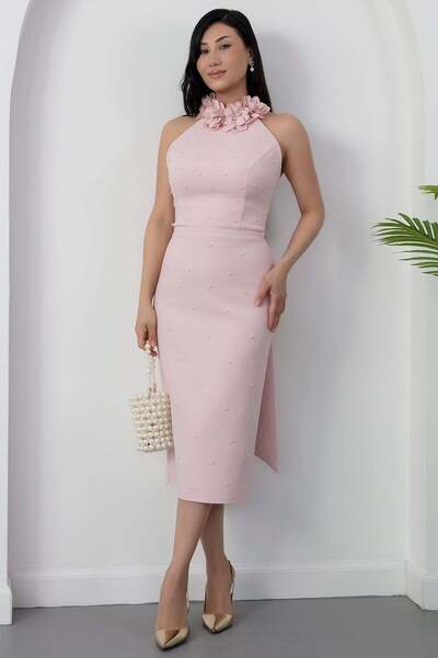 PULLIMM Φόρεμα με λαιμόκοψη halter και χάντρες σε ροζ απόχρωση BAL170