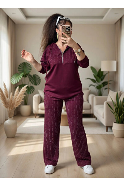 AZRA BUTİK Σετ με κουκούλα και πέτρα μπορντό μεγάλο μέγεθος