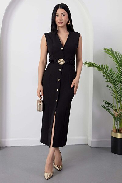 PULLIMM Φόρεμα με ψηλό γιακά και κουμπιά σε όλο το μήκος, με ζώνη GRS3914