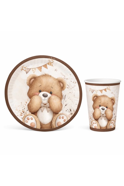 Big Party Χάρτινο πιάτο και ποτήρι με θέμα το αρκουδάκι για 8 άτομα