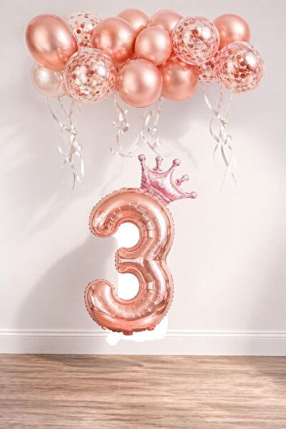 Patladı Gitti 3 Rakam Rose Gold Folyo Balon, Kral Tacı Ve Konfetili Rose Gold...