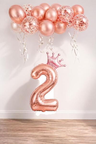 Patladı Gitti 2 Rakam Rose Gold Folyo Balon, Kral Tacı Ve Konfetili Rose Gold...