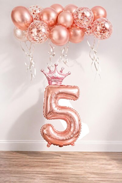Patladı Gitti 5 Rakam Rose Gold Folyo Balon, Kral Tacı Ve Konfetili Rose Gold...