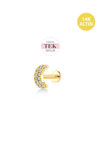 KURSHUNI Taşlı Mini Ay, 14 Ayar Altın Kıkırdak Küpe/Piercing (TEK Satılır) Ba...