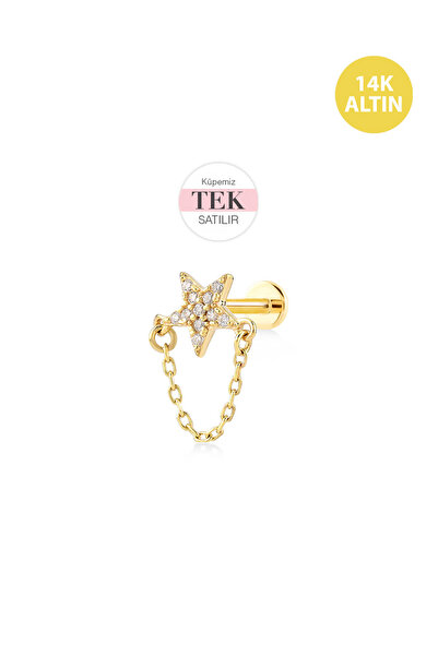 KURSHUNI Taşlı Mini Dolu Yıldız, 14 Ayar Altın Kıkırdak Küpe/Piercing (TEK Sa...