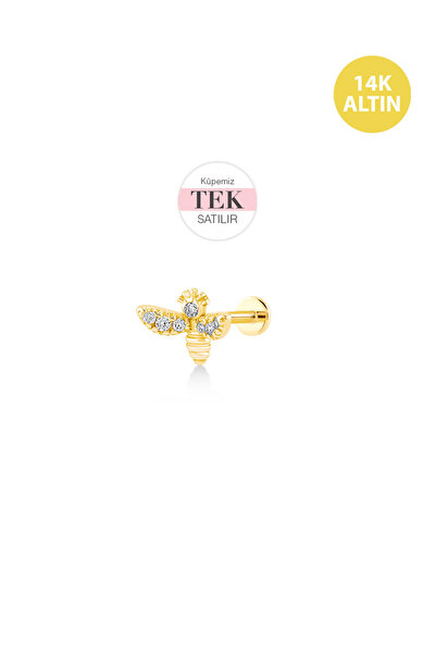 KURSHUNI Taşlı Arı, 14 Ayar Altın Kıkırdak Küpe/Piercing (TEK Satılır) Bar Uz...