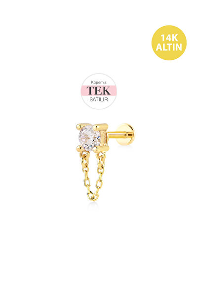 KURSHUNI Tek Taş Zincir Sallantılı, 14 AyarAltın Kıkırdak Küpe/Piercing (TEK ...