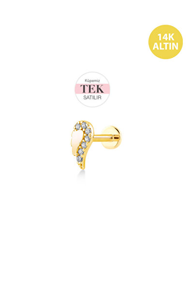 KURSHUNI Taşlı Melek Kanadı, 14 Ayar Altın Kıkırdak Küpe/Piercing (TEK Satılı...
