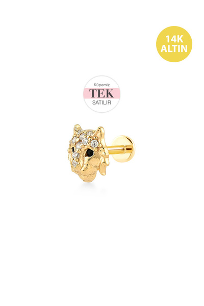 KURSHUNI Taşlı Kaplan, 14 Ayar Altın Kıkırdak Küpe/Piercing (TEK Satılır) Bar...