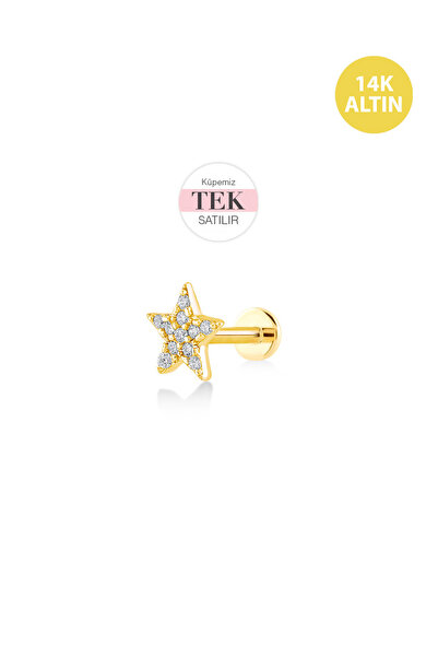 KURSHUNI Taşlı Mini Dolu Yıldız, 14 Ayar Altın Kıkırdak Küpe/Piercing (TEK Sa...