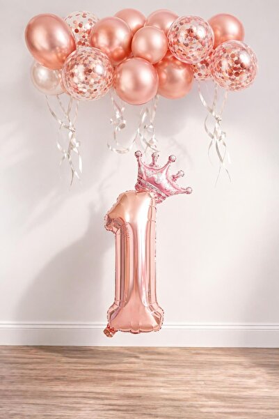 Patladı Gitti 1 Rakam Rose Gold Folyo Balon, Kral Tacı Ve Konfetili Rose Gold...