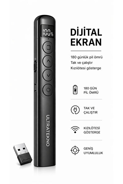 ULTRATEKNO S7 Dijital Ekranlı Şarjlı Lazer Sunum Kumandası Şarj Göstergeli Lazer Powerpoint Laser Pointer Slayt