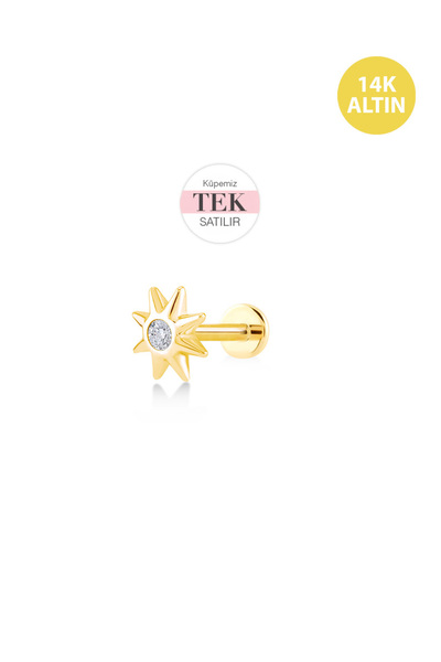 KURSHUNI Tek Taşlı Mini Güneş, 14 Ayar Altın Kıkırdak Küpe/Piercing (TEK Satı...