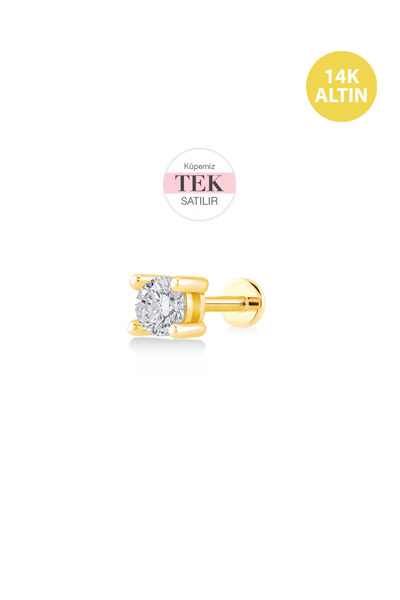 KURSHUNI Tek Taş (4mm 4 Tırnak), 14 AyarAltın Kıkırdak Küpe/Piercing (TEK Sat...