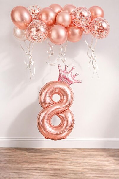Patladı Gitti 8 Rakam Rose Gold Folyo Balon, Kral Tacı Ve Konfetili Rose Gold...