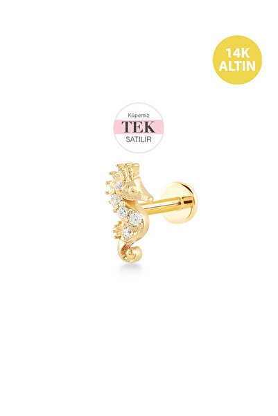 KURSHUNI Taşlı Denizatı, 14 Ayar Altın Kıkırdak Küpe/Piercing (TEK Satılır) B...