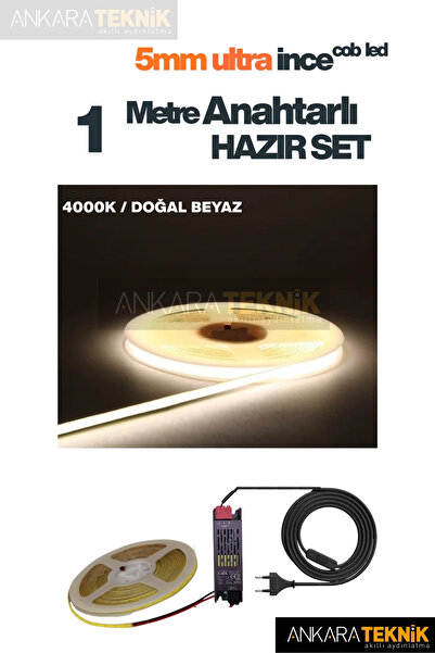 ankarateknik 5mm Ultra İnce COB Şerit LED 12Volt – Tak Çalıştır Anahtarlı Set...