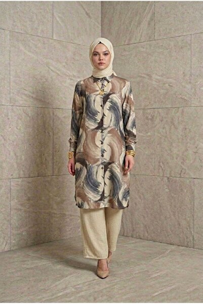 Generic Brand Ruki̇ye Takim Patterned Long Hijab Tunic Trousers Set Linen Fab...