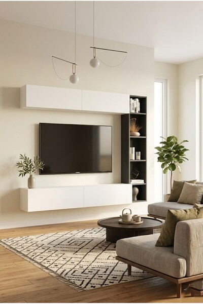 L'occi Concept Lusi Tv Ünitesi Kitaplık Duvara Monte Beyaz-Antrasit LU1-WAN