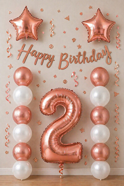 BALON DİYARI Σετ γιορτής γενεθλίων 2 ετών σε ροζ χρυσό; Λευκό ροζ χρυσό μπαλό...