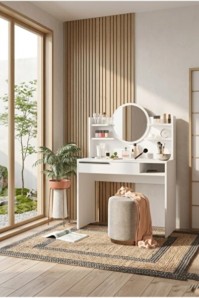 L'occi Concept Leena Makyaj Masası Aynalı Raflı Çekmeceli Beyaz LA28-W