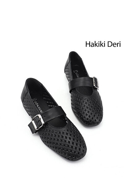 GÖNDERİ(R) Γυναικείες μπαλαρίνες μαύρες με τύπωμα Mary Jane από γνήσιο δέρμα