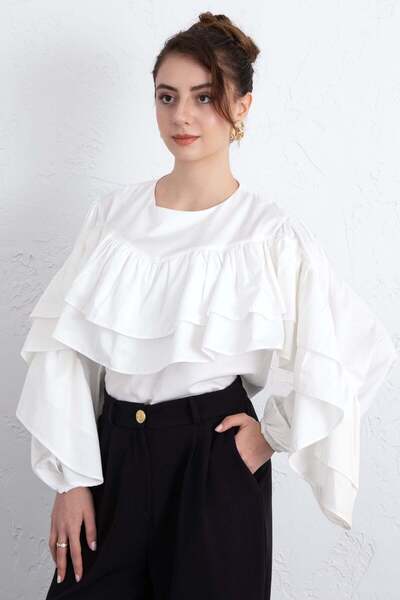 Salih Çelebi Μπλούζα με λεπτομέρεια βολάν 0087 - ΛΕΥΚΗ